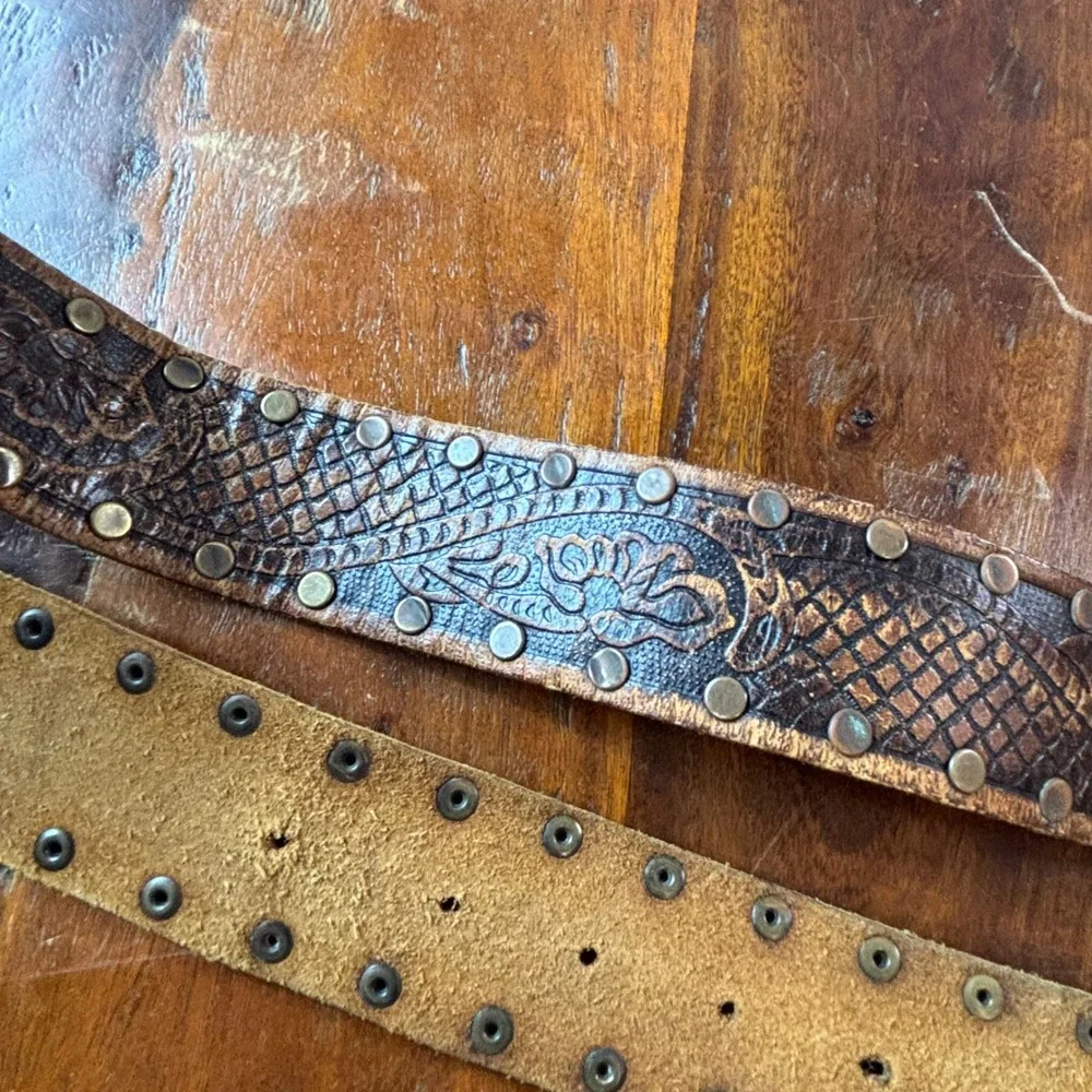 Hollister Mens Brown Studded Leather Belt Wood Houndstooth‎ Buckle Medium Boho